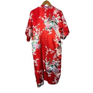 Tian Bao Gong Unisex‎ Medium Red Peacock Floral Short Sleeve Kimono Robe Resort
